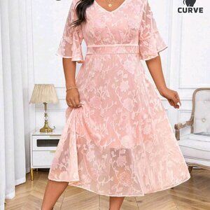 Plus Jacquard Flounce Sleeve Midi Dress